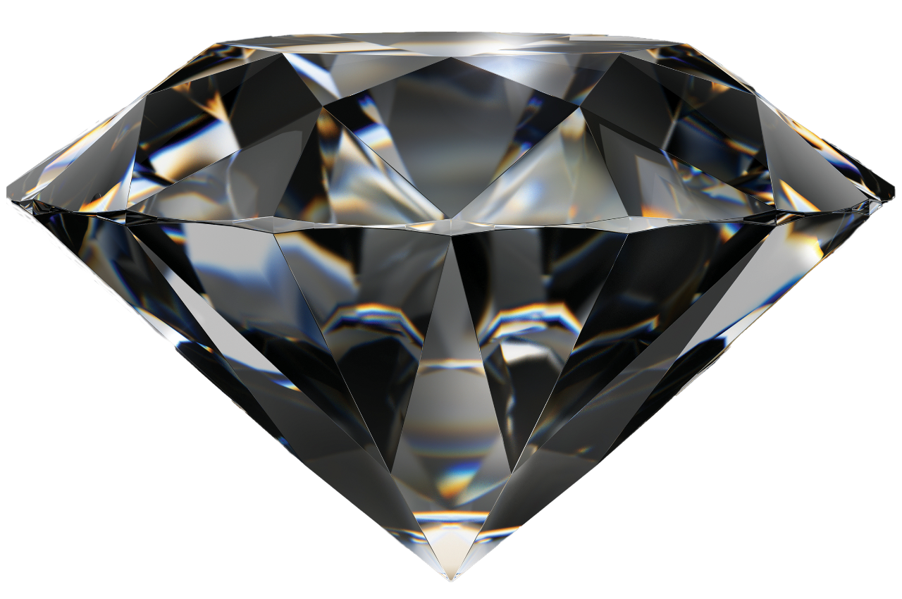 A 3D rendered image of a large, faceted diamond with a reflective surface.