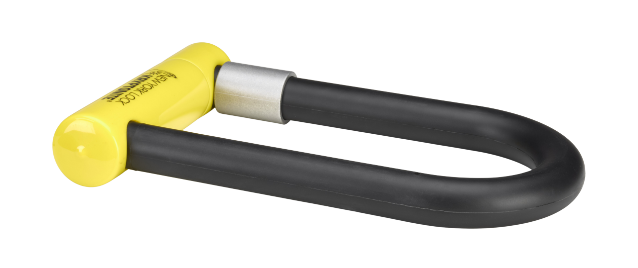 A person holding a yellow Kryptonite lock next to a pink bicycle, wearing a black shirt and a coiled keychain on their wrist.